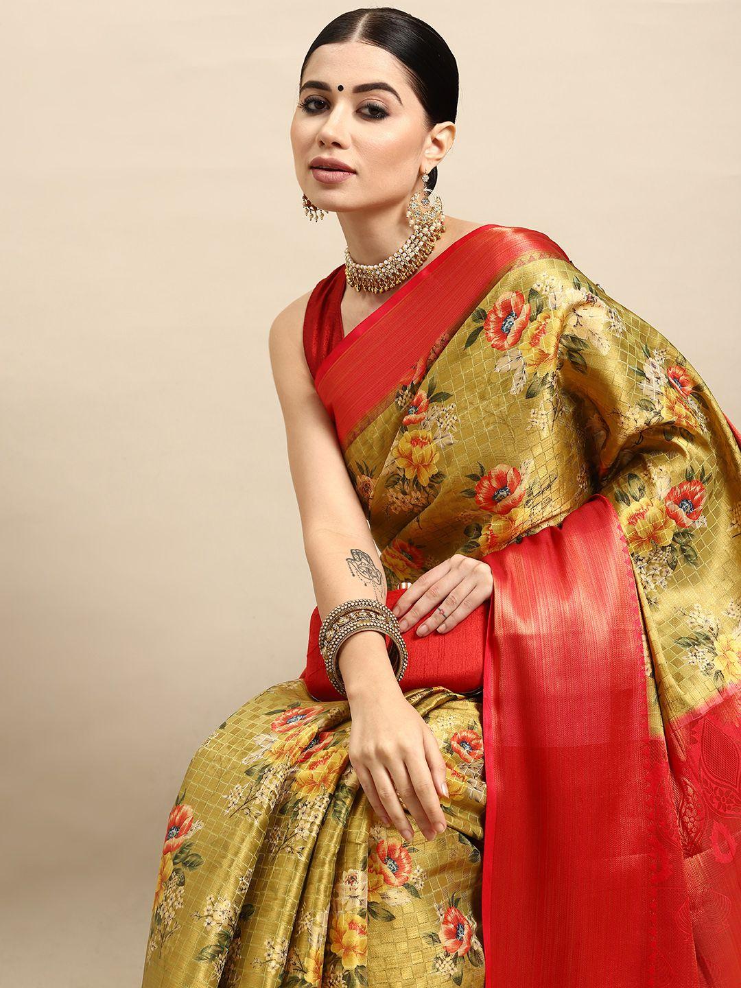 silk land floral printed & checked art silk kanjeevaram saree with tasselled detail