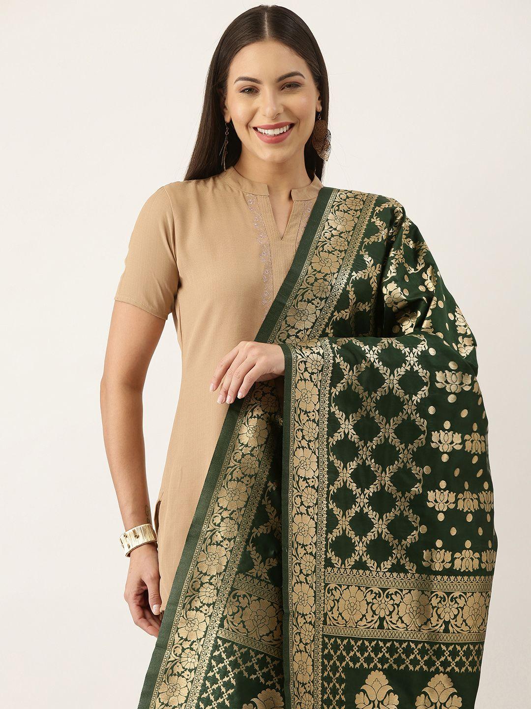 silk land green & gold-toned ethnic motifs woven design pure banarasi silk dupatta