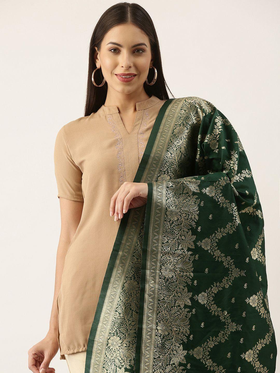 silk land green & gold-toned ethnic motifs woven design pure banarasi silk dupatta