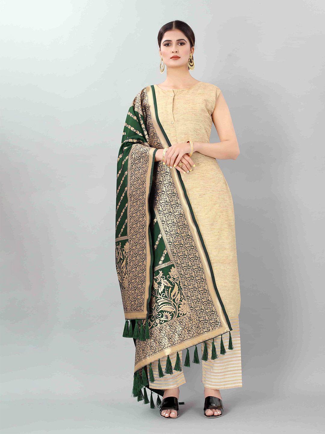 silk land green & gold-toned woven design art silk dupatta with zari