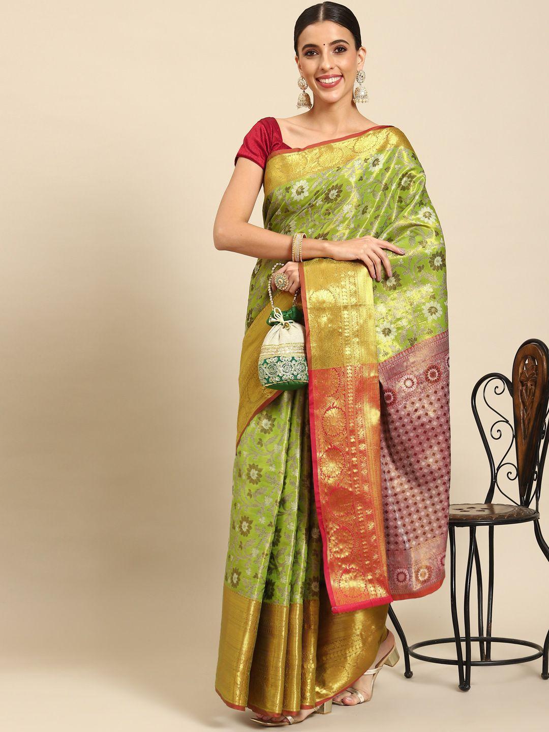 silk land green & orange floral zari art silk kanjeevaram saree