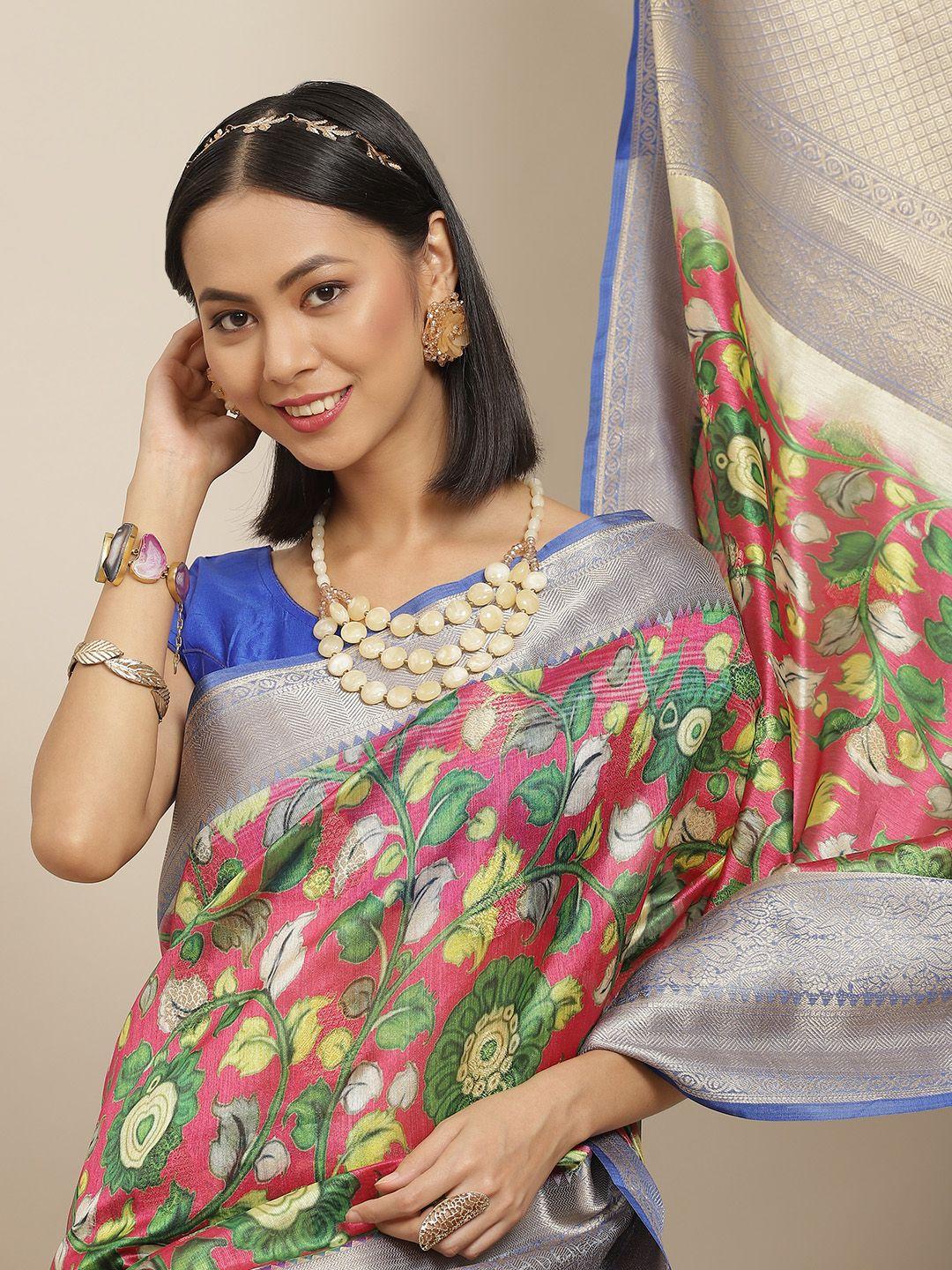 silk land pink & blue ethnic motifs zari pure silk kanjeevaram saree