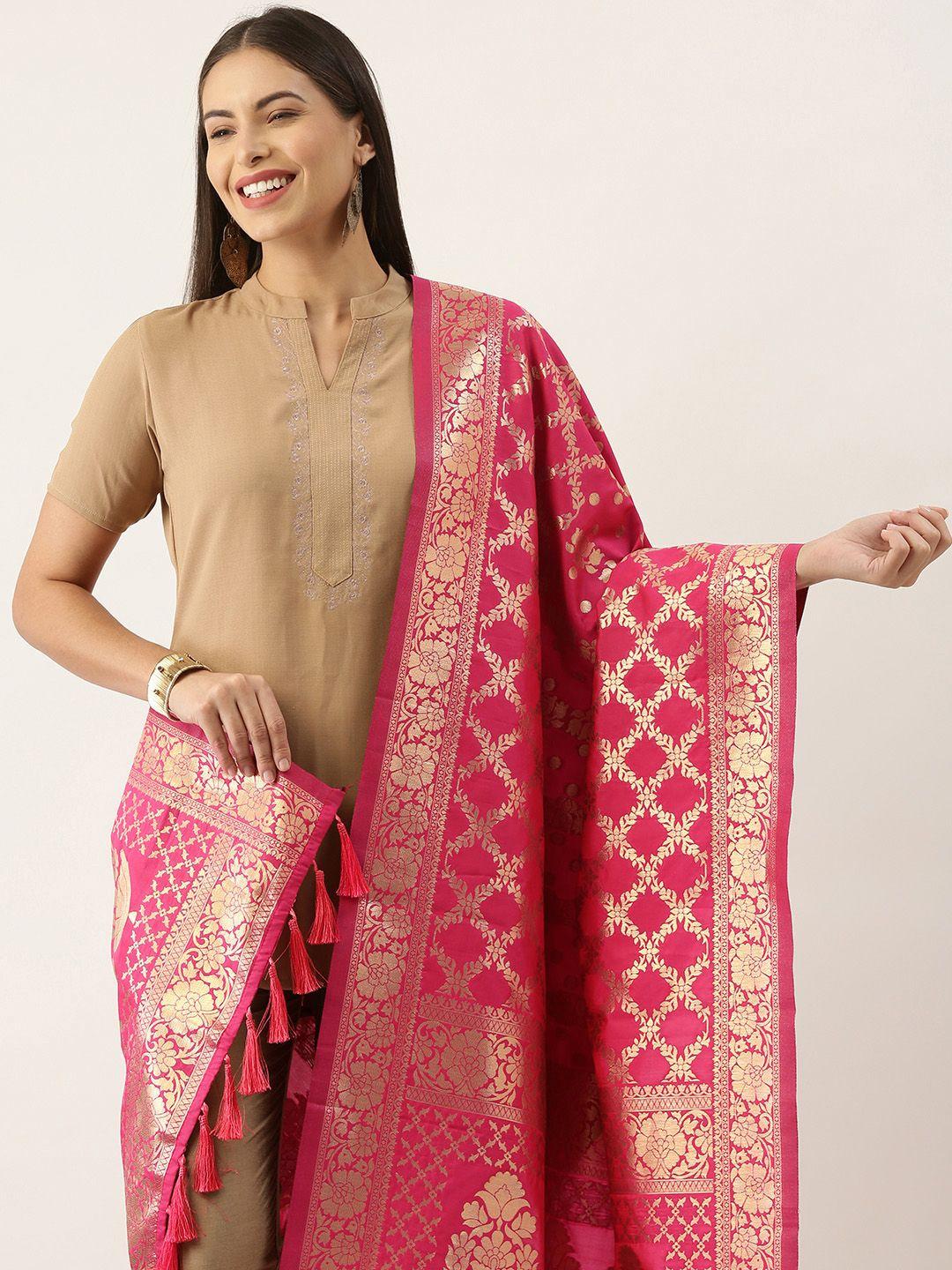silk land pink & gold-toned ethnic motifs woven design pure banarasi silk dupatta