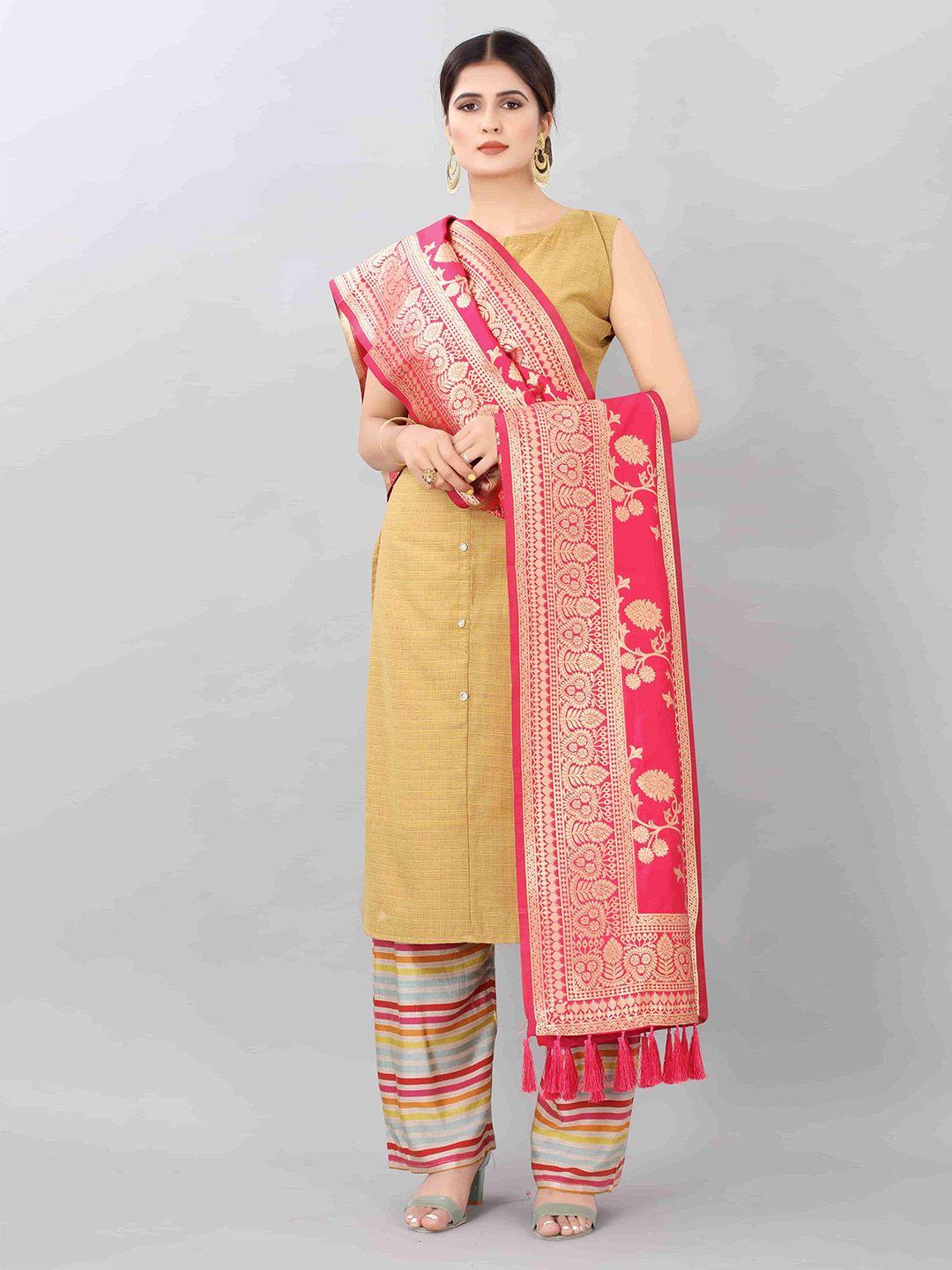 silk land pink & gold-toned woven design art silk dupatta with zari