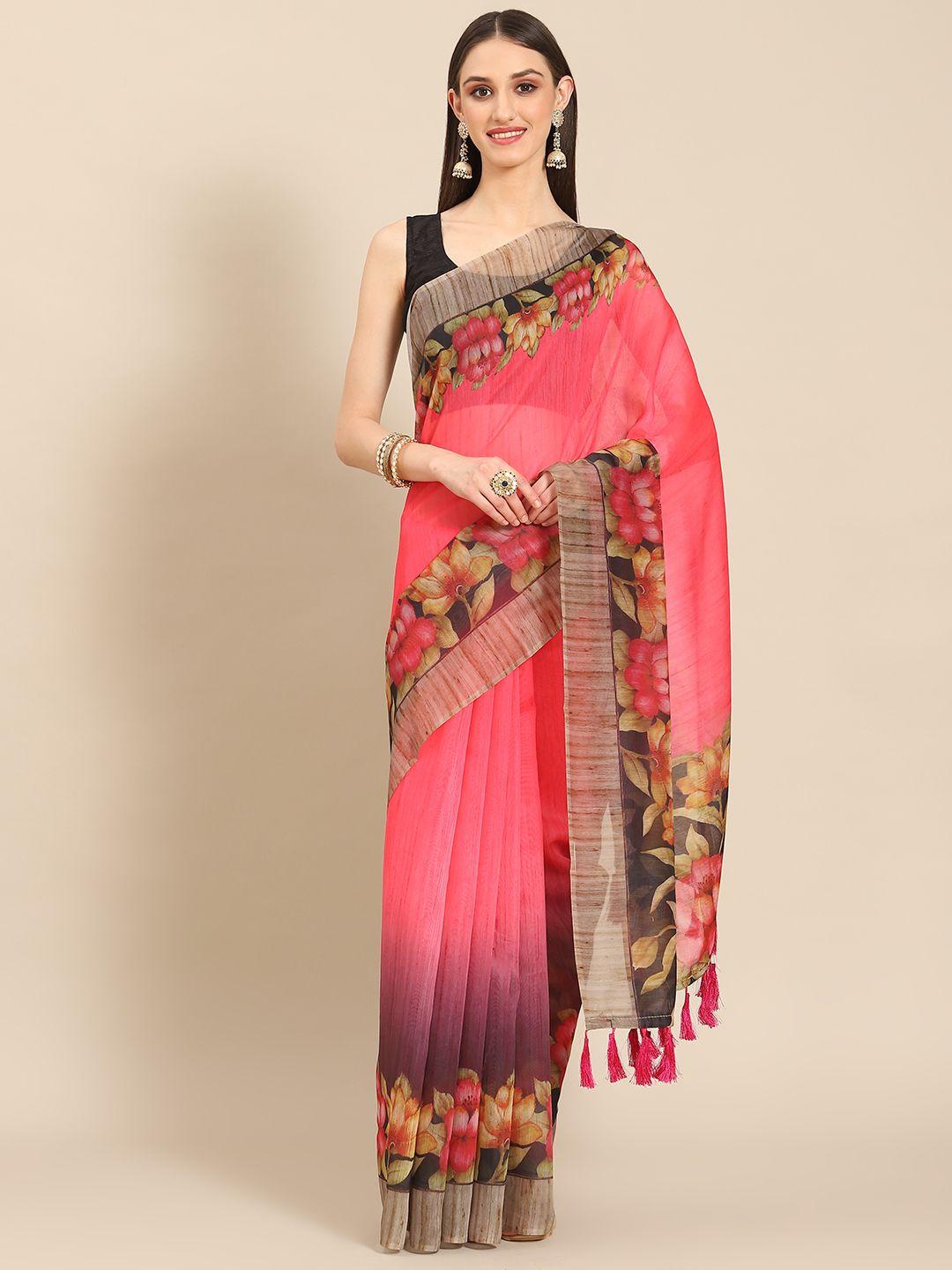 silk land pink black kalamkari pure cotton saree with tassels