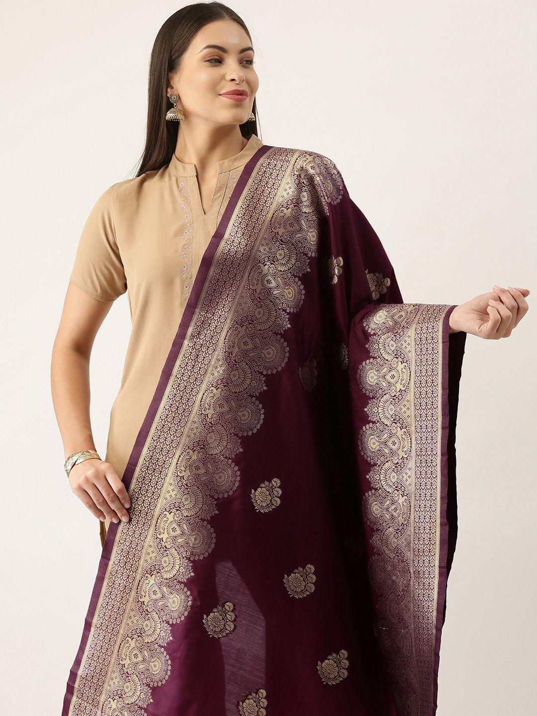 silk land purple & gold-toned ethnic motifs woven design pure banarasi silk dupatta