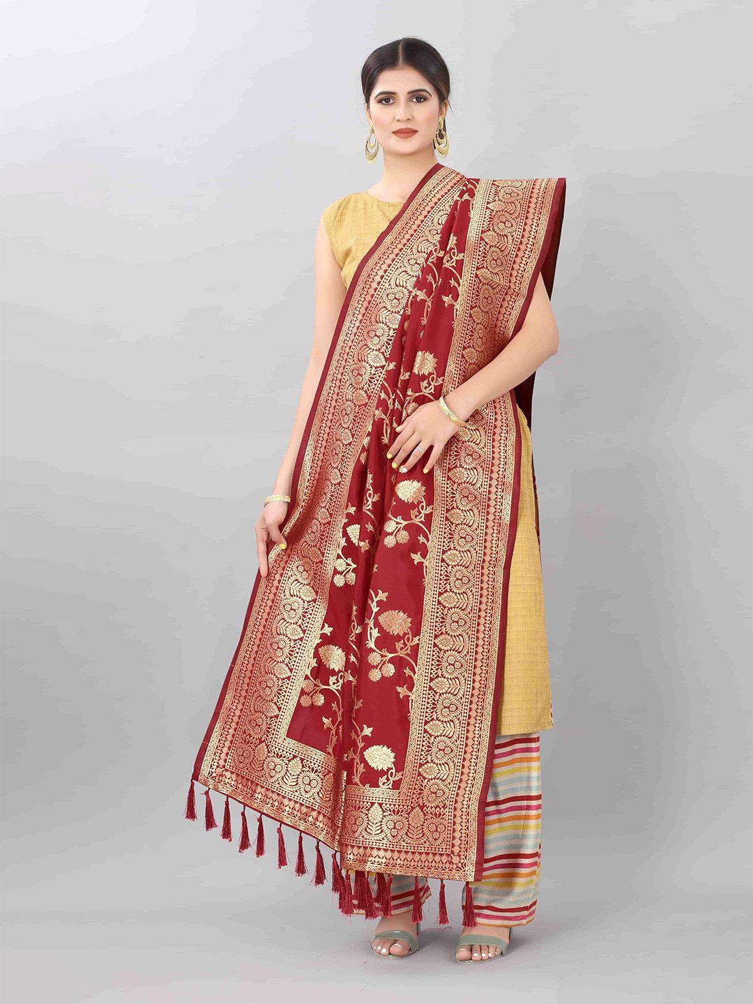 silk land red & gold-toned woven design art silk dupatta with zari