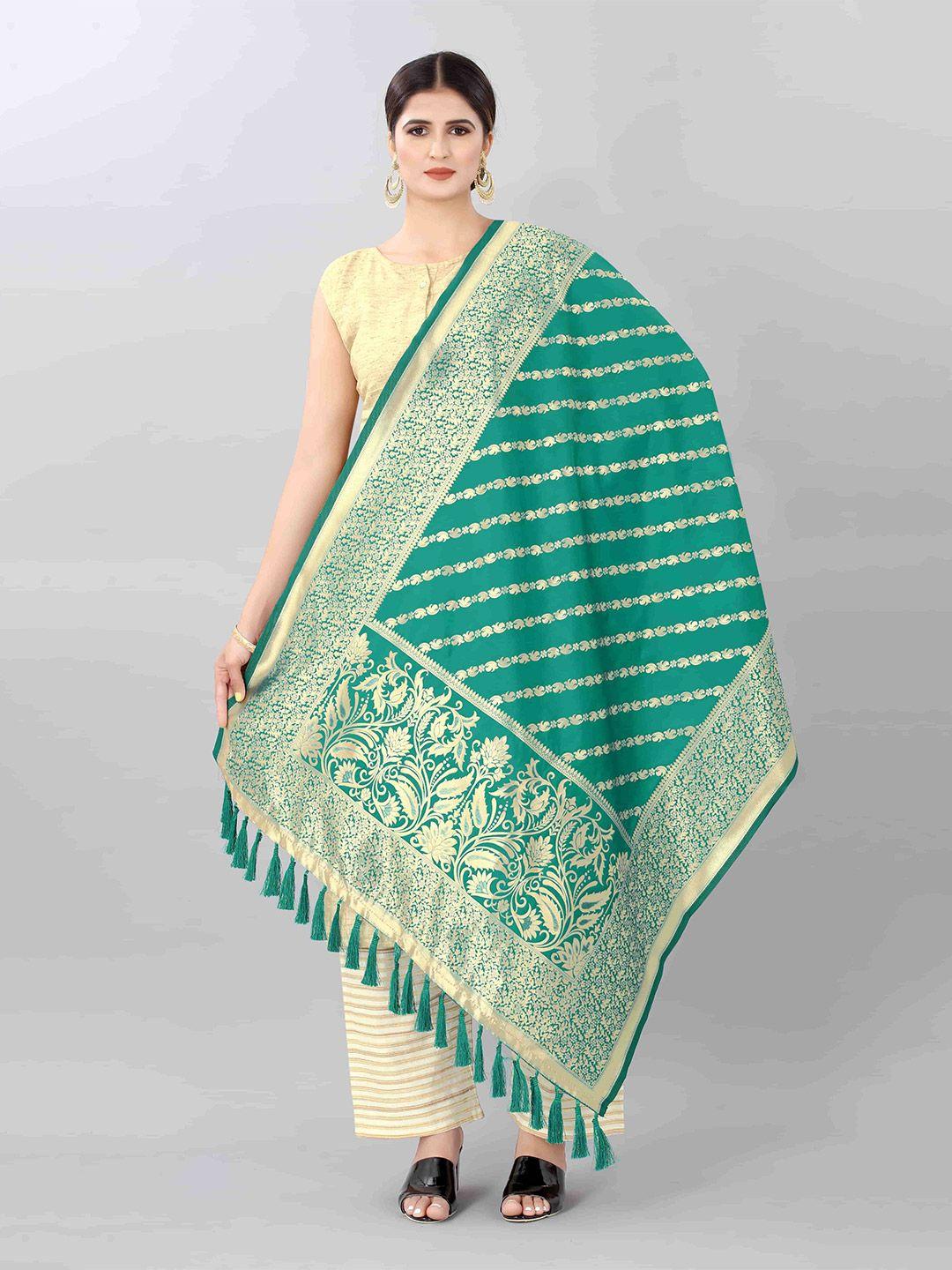 silk land teal green & gold-toned woven design art silk dupatta with zari