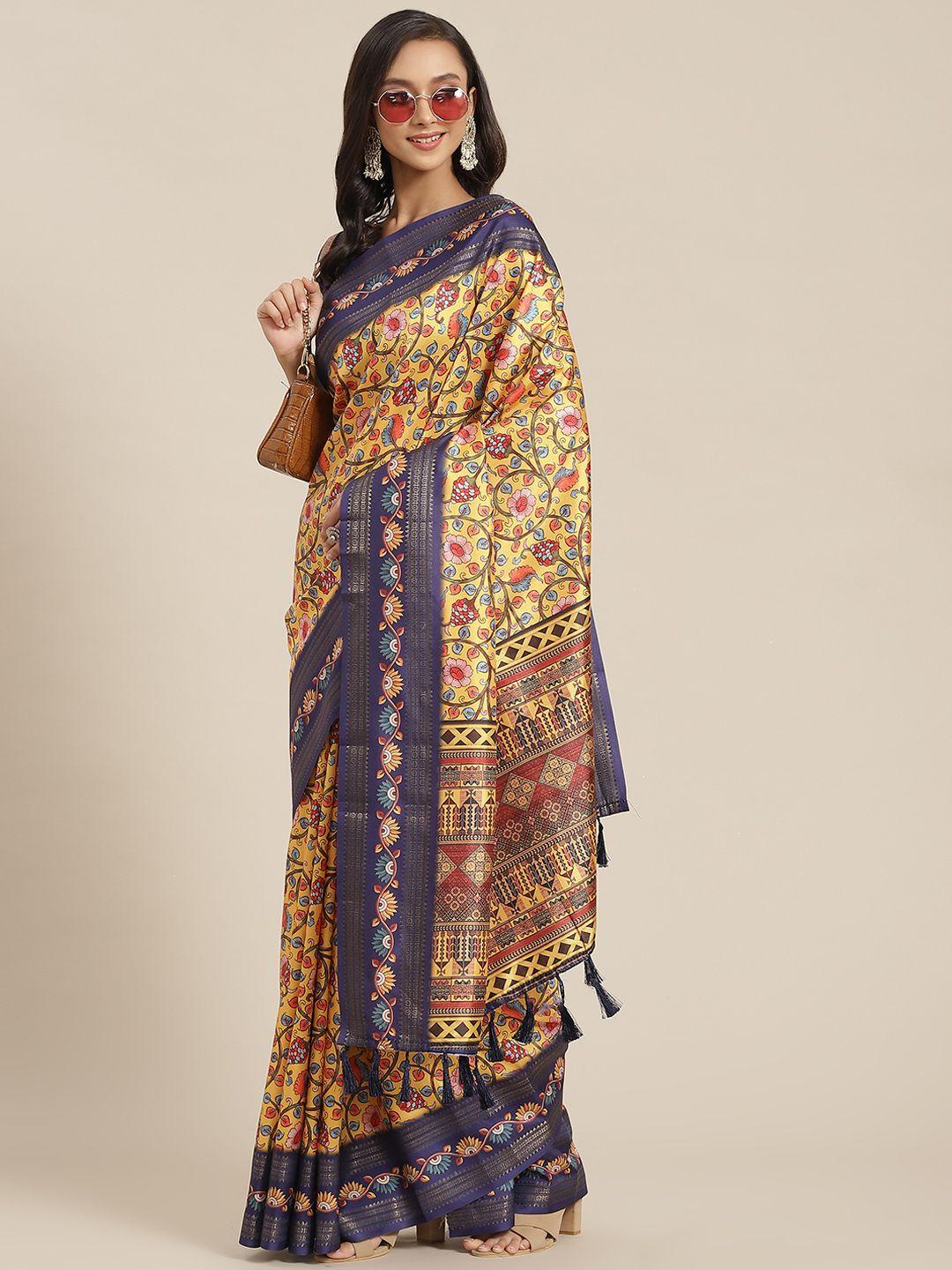 silk land yellow & navy blue ethnic motifs zari art silk banarasi saree
