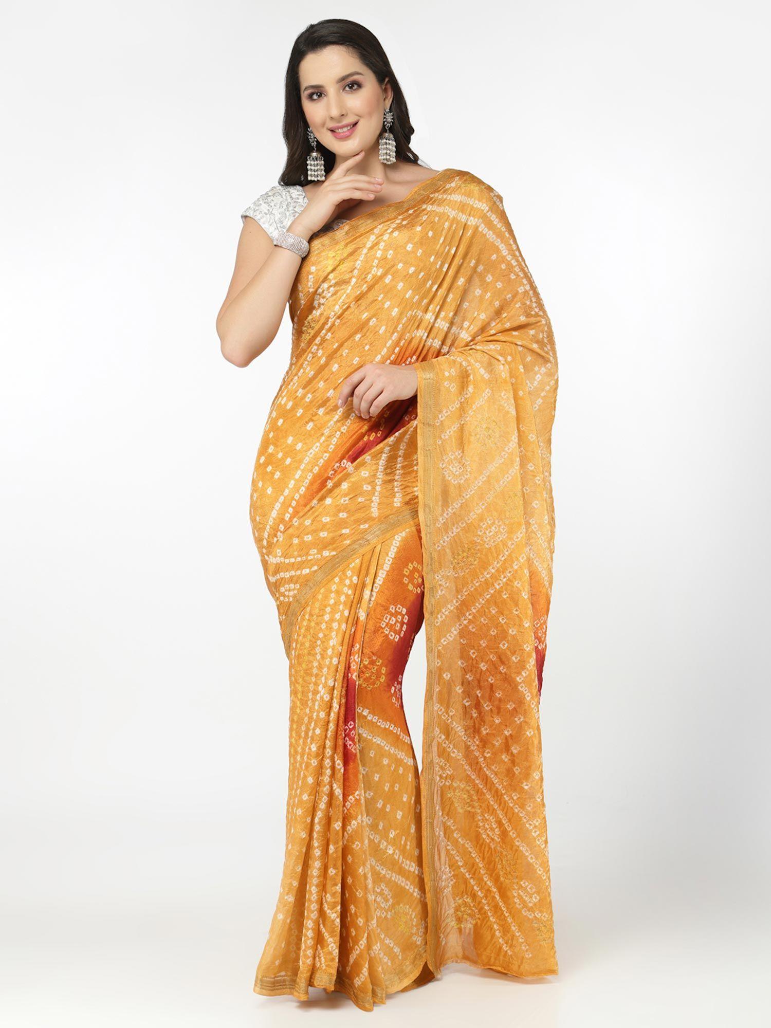 silk bandhani and zari weaving saree with unstitched blouse - mustard & yellow