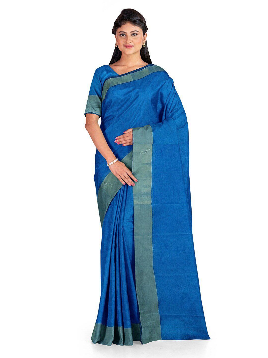 silk bazar blue & gold-toned zari silk cotton sungudi saree