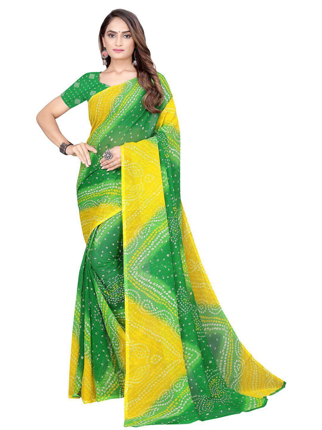 silk bazar green & yellow bandhani pure georgette bandhani saree