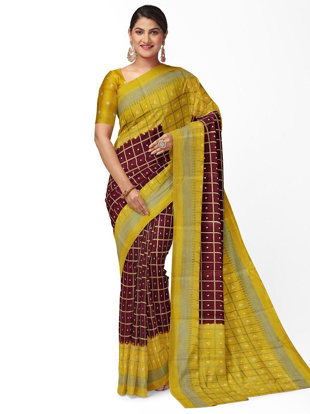 silk bazar maroon & yellow bandhani silk blend bandhani saree