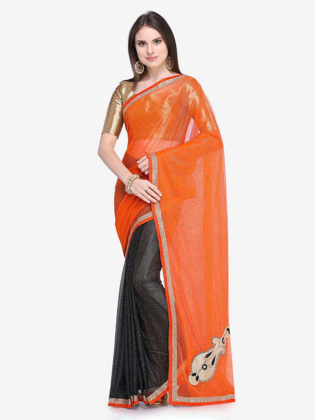 silk bazar orange & black net embellished saree