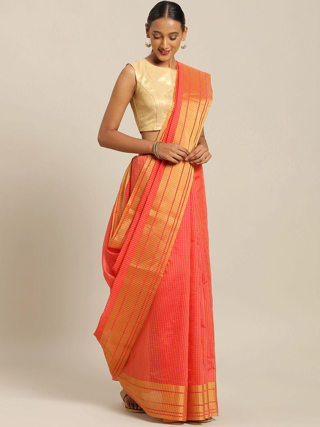 silk bazar orange checked art silk saree