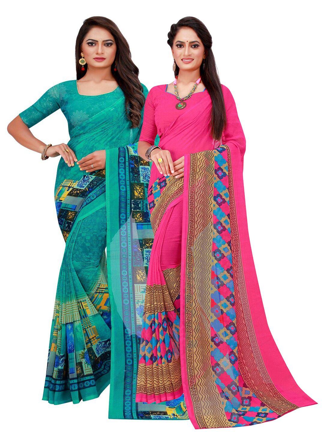 silk bazar pack of 2 magenta & turquoise blue printed pure georgette saree