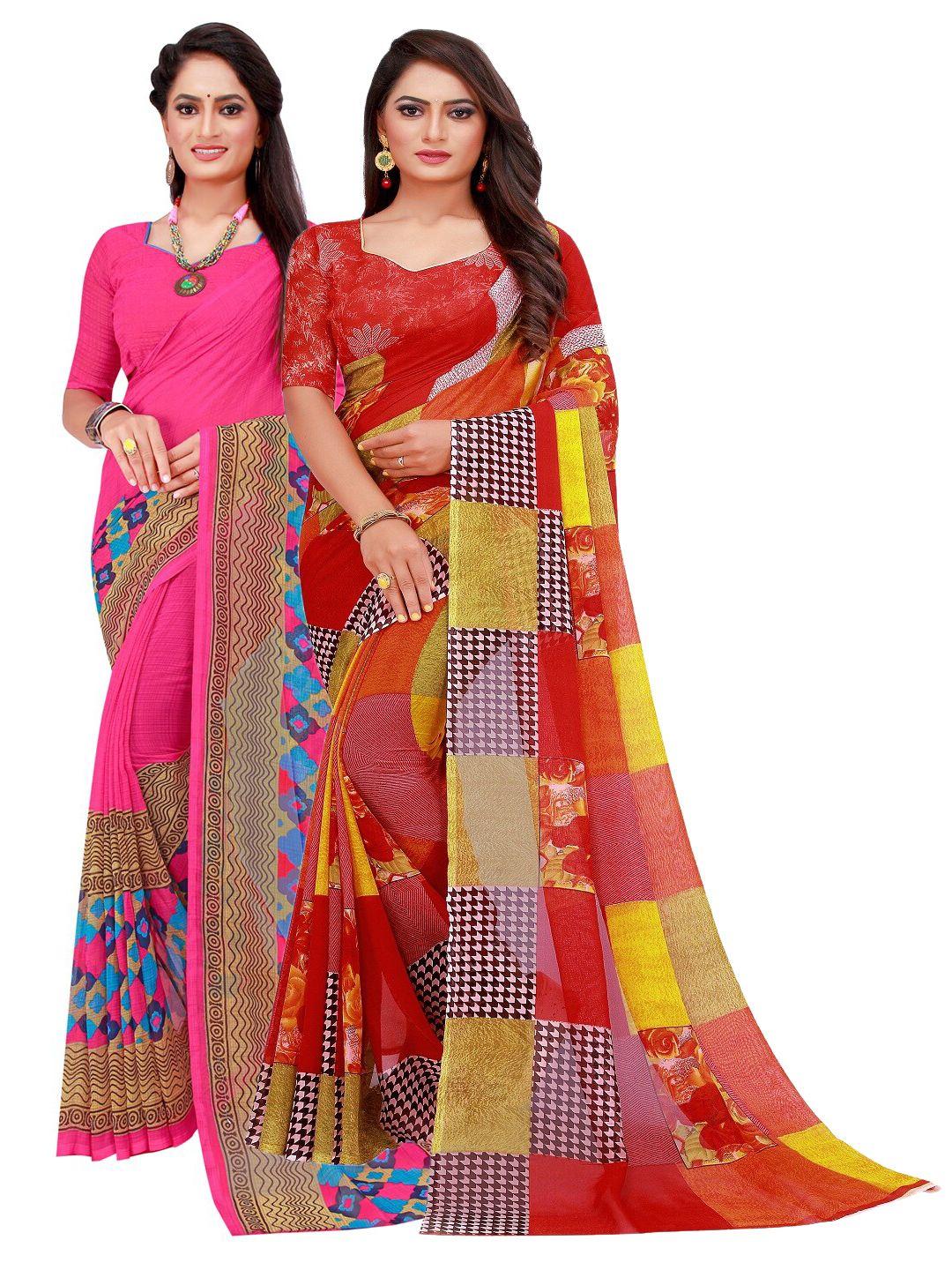 silk bazar pack of 2 pink & yellow pure georgette saree