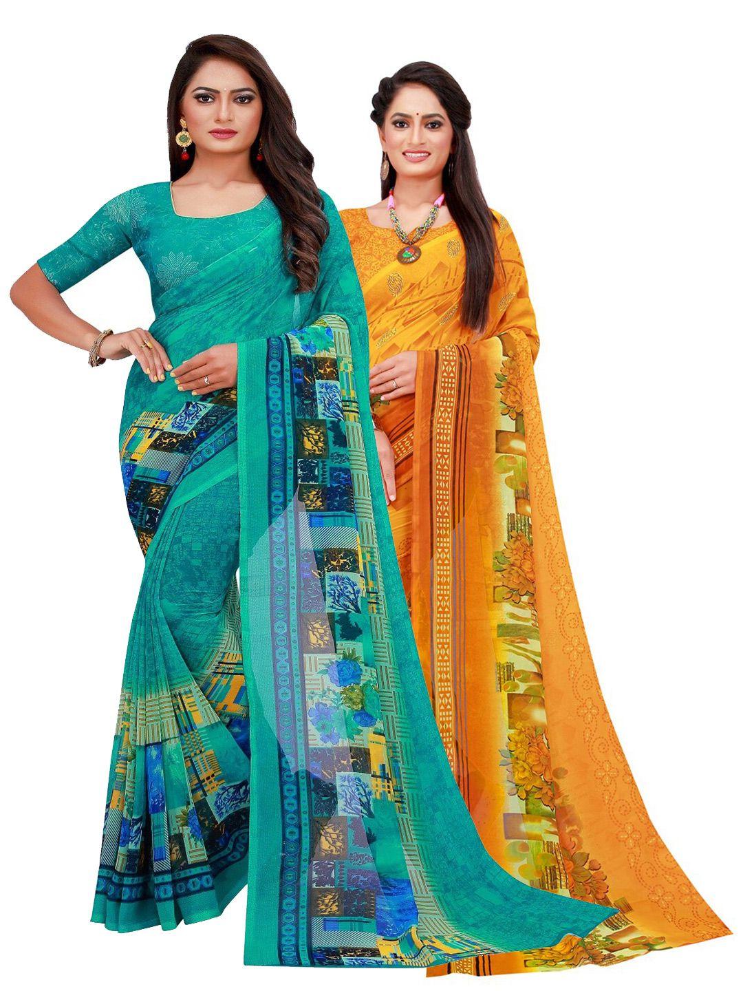 silk bazar pack of 2 turquoise blue & yellow printed pure georgette saree