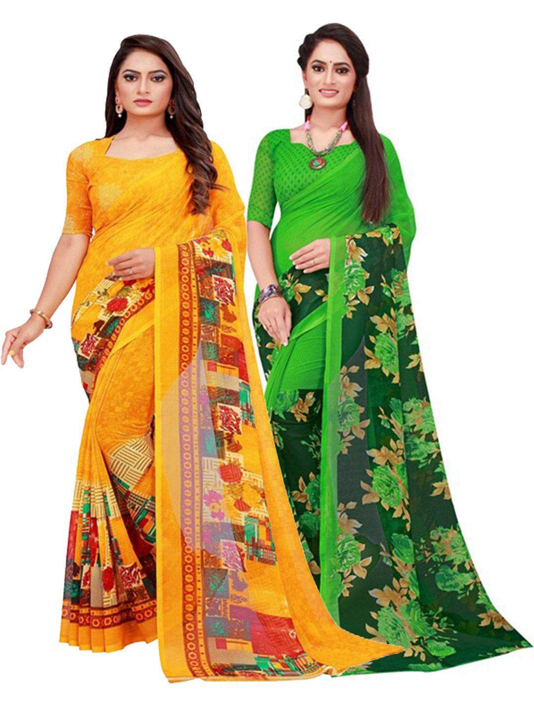 silk bazar pack of 2 yellow & green floral printed pure georgette saree