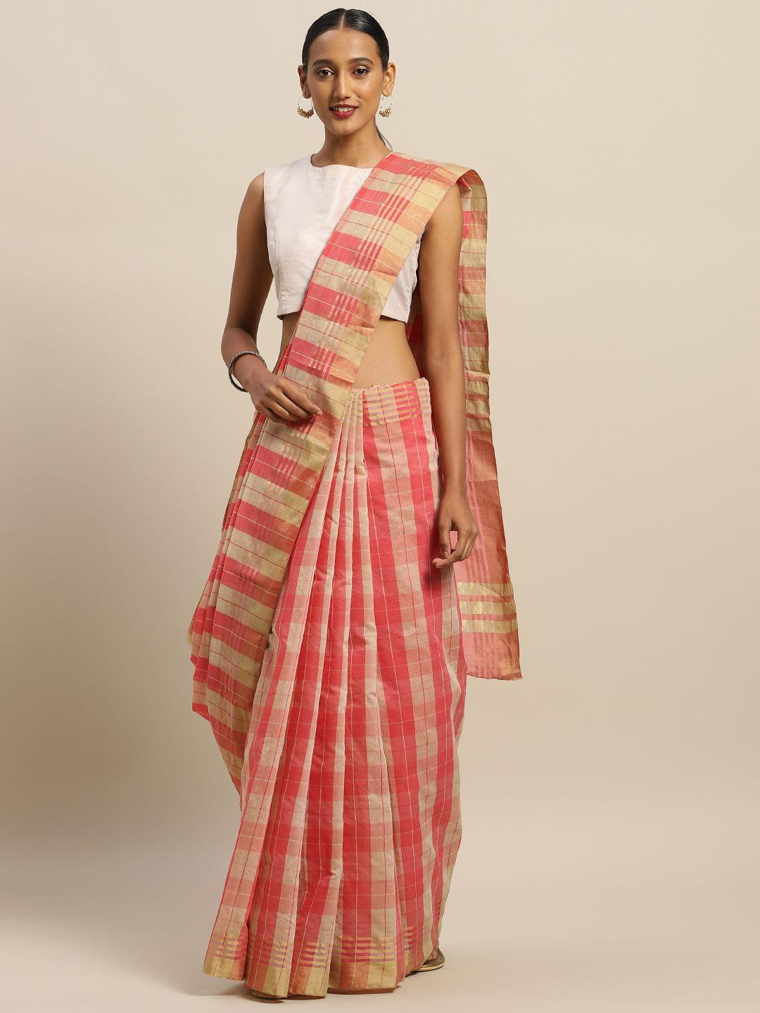 silk bazar pink & off-white art silk checked saree