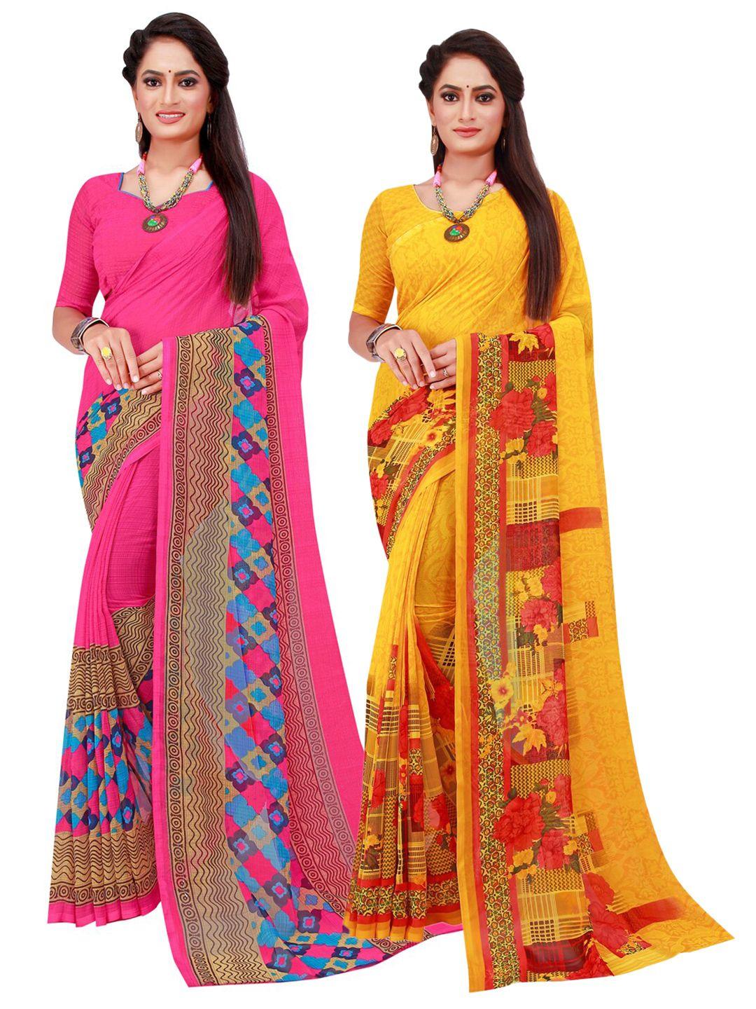 silk bazar pink & yellow pack of 2 floral printed pure georgette sarees