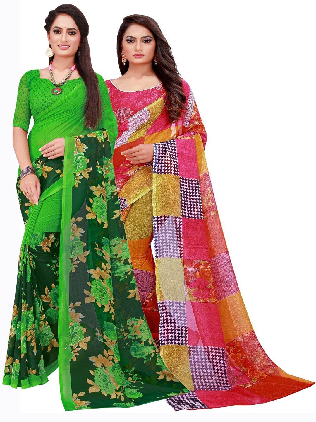 silk bazar red & green pack of 2 floral pure georgette sarees