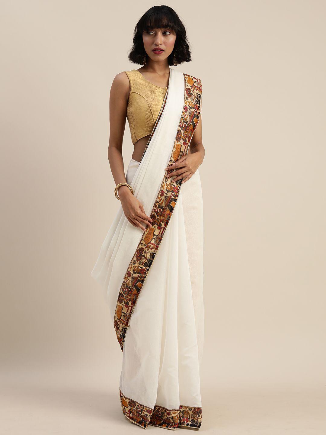 silk bazar white silk blend solid bhagalpuri saree