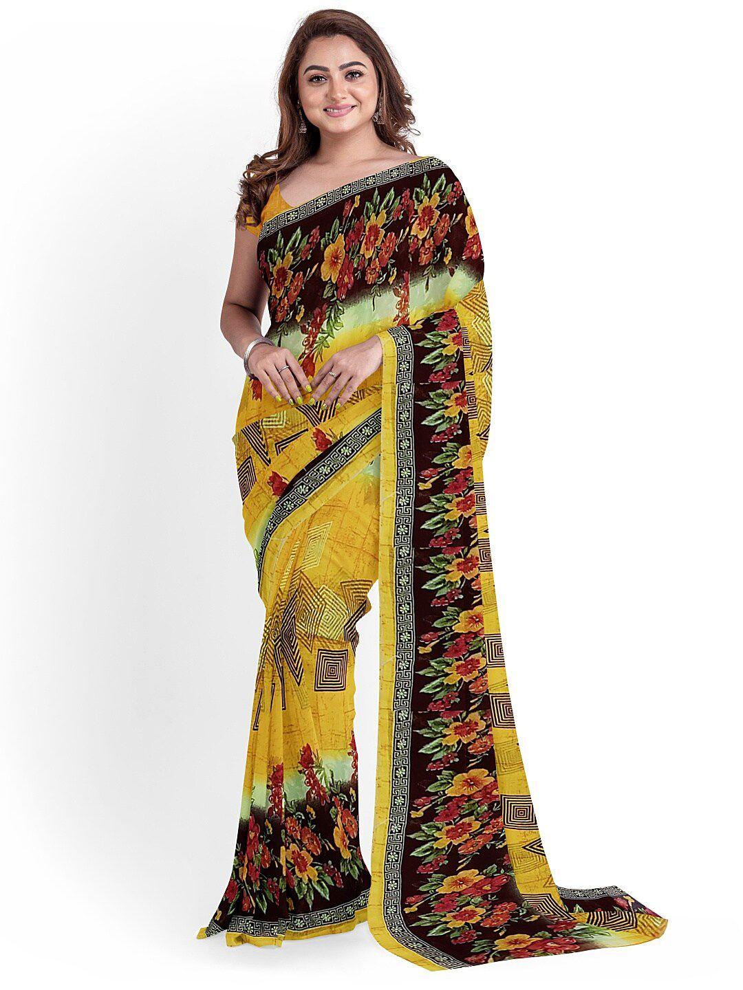 silk bazar yellow & black floral pure georgette dharmavaram saree