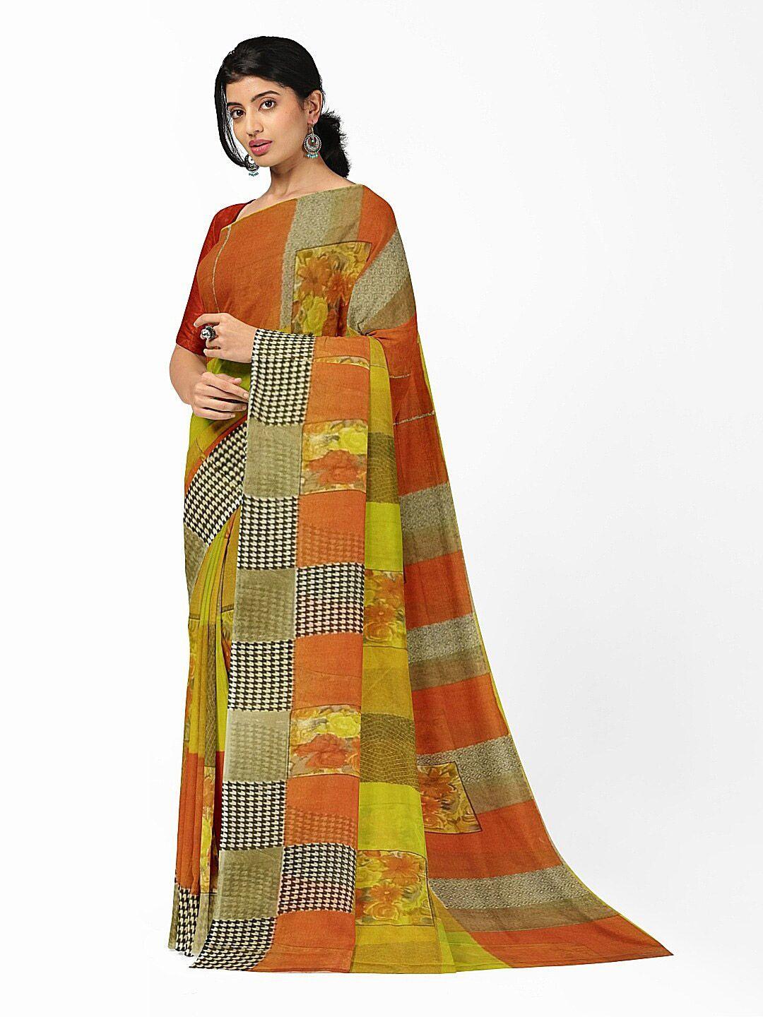 silk bazar yellow & brown ethnic motifs pure georgette fusion dharmavaram saree