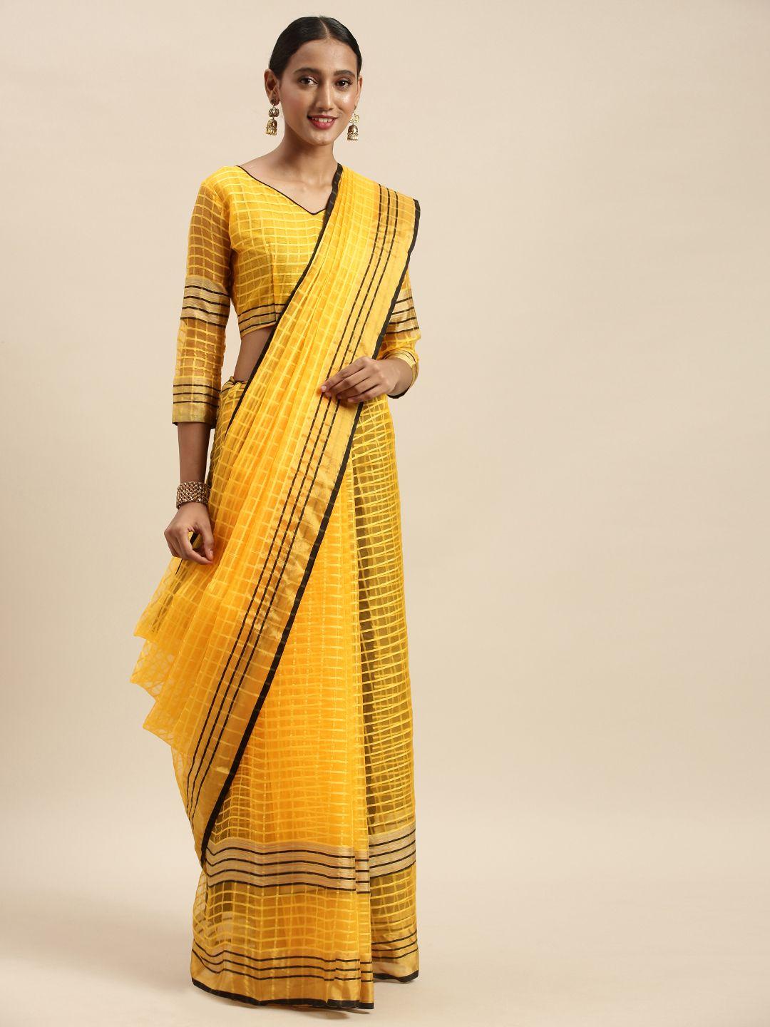 silk bazar yellow checked silk cotton saree