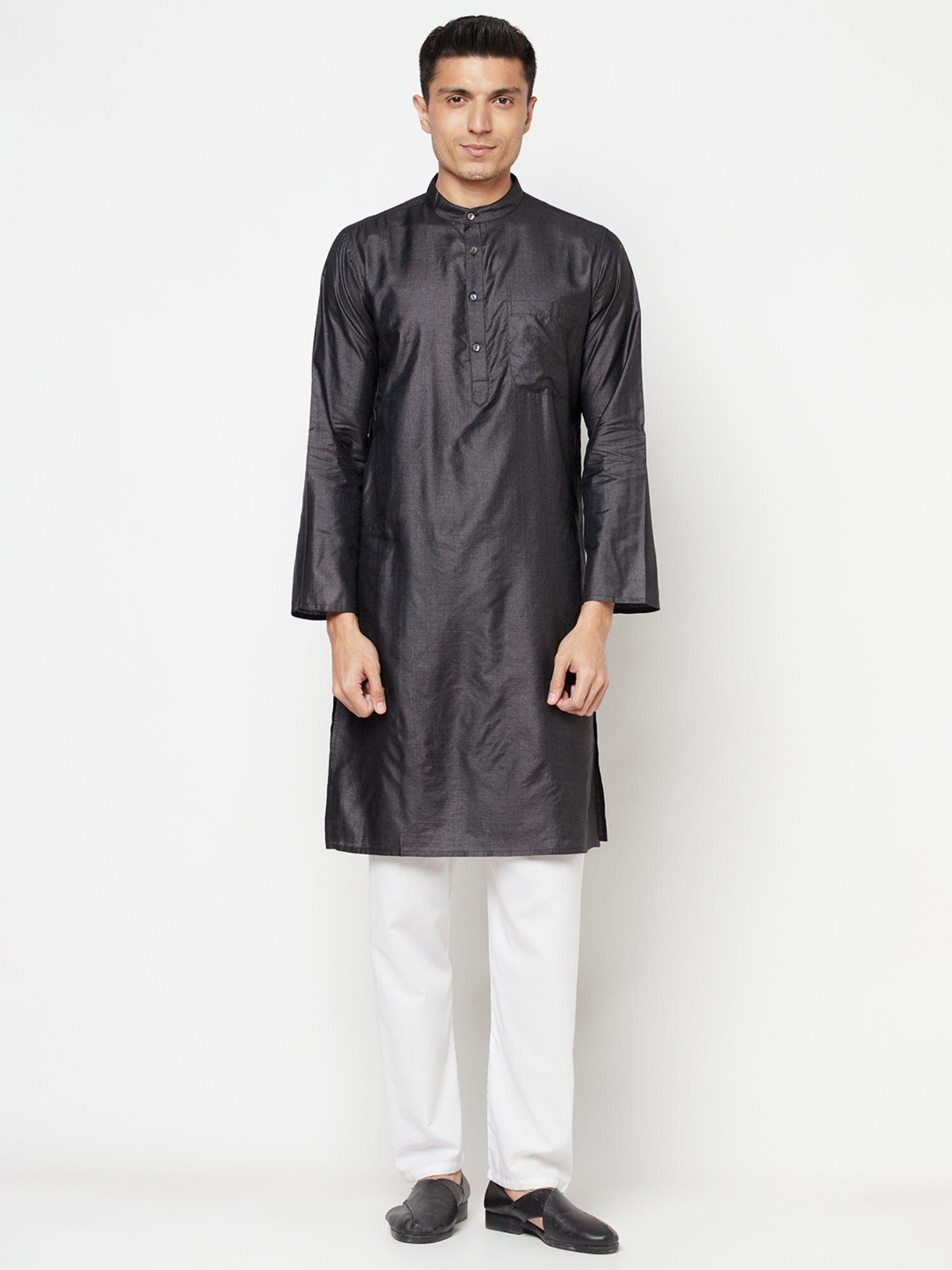 silk black solid men kurta