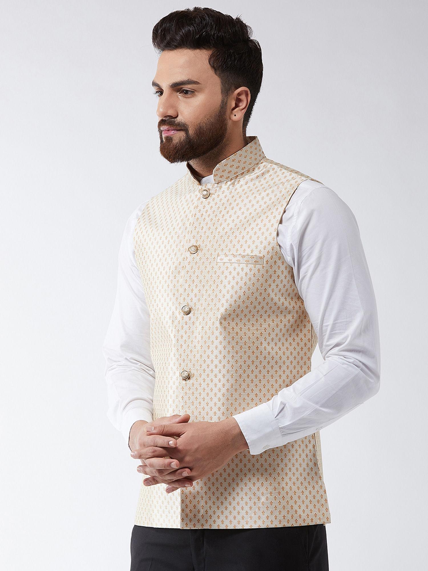 silk blend beige & gold self design waist coat