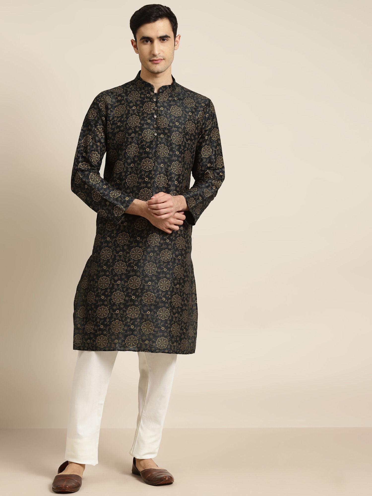 silk blend black printed only kurta