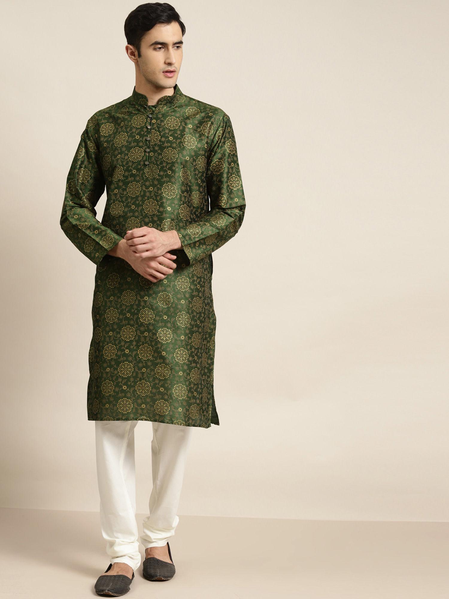 silk blend dark green printed only kurta