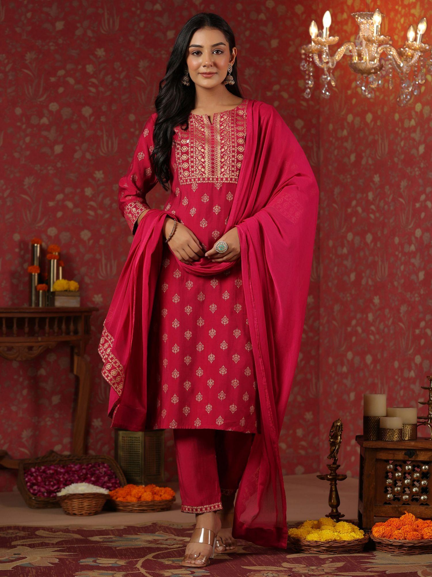 silk blend ethnic motifs foil print pink straight kurta with pant & dupatta (set of 3)