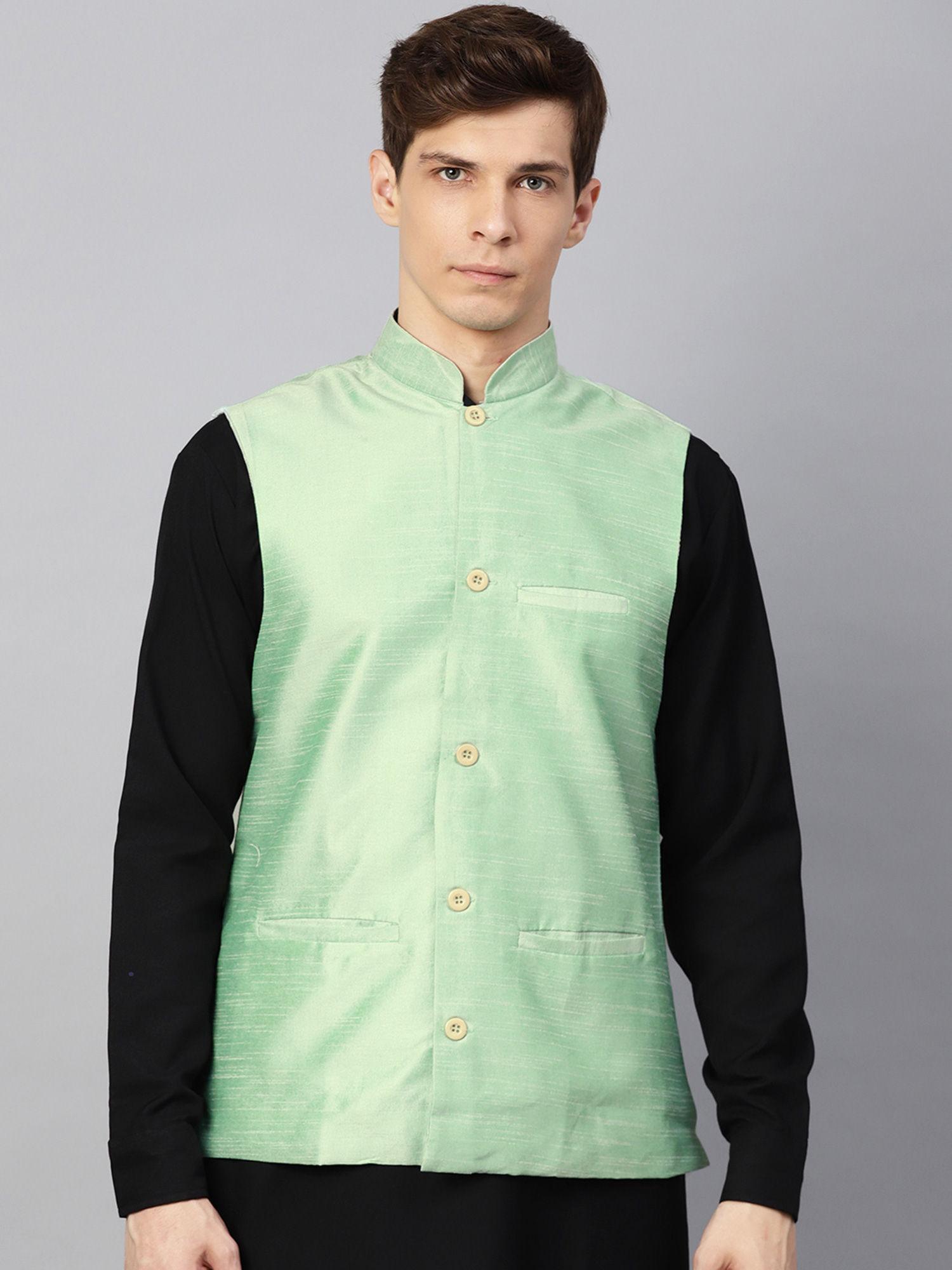 silk blend green solid nehru jacket