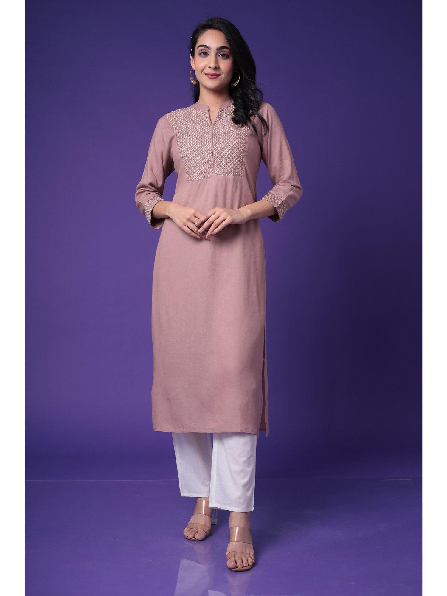 silk blend kurta with embroidery- brown