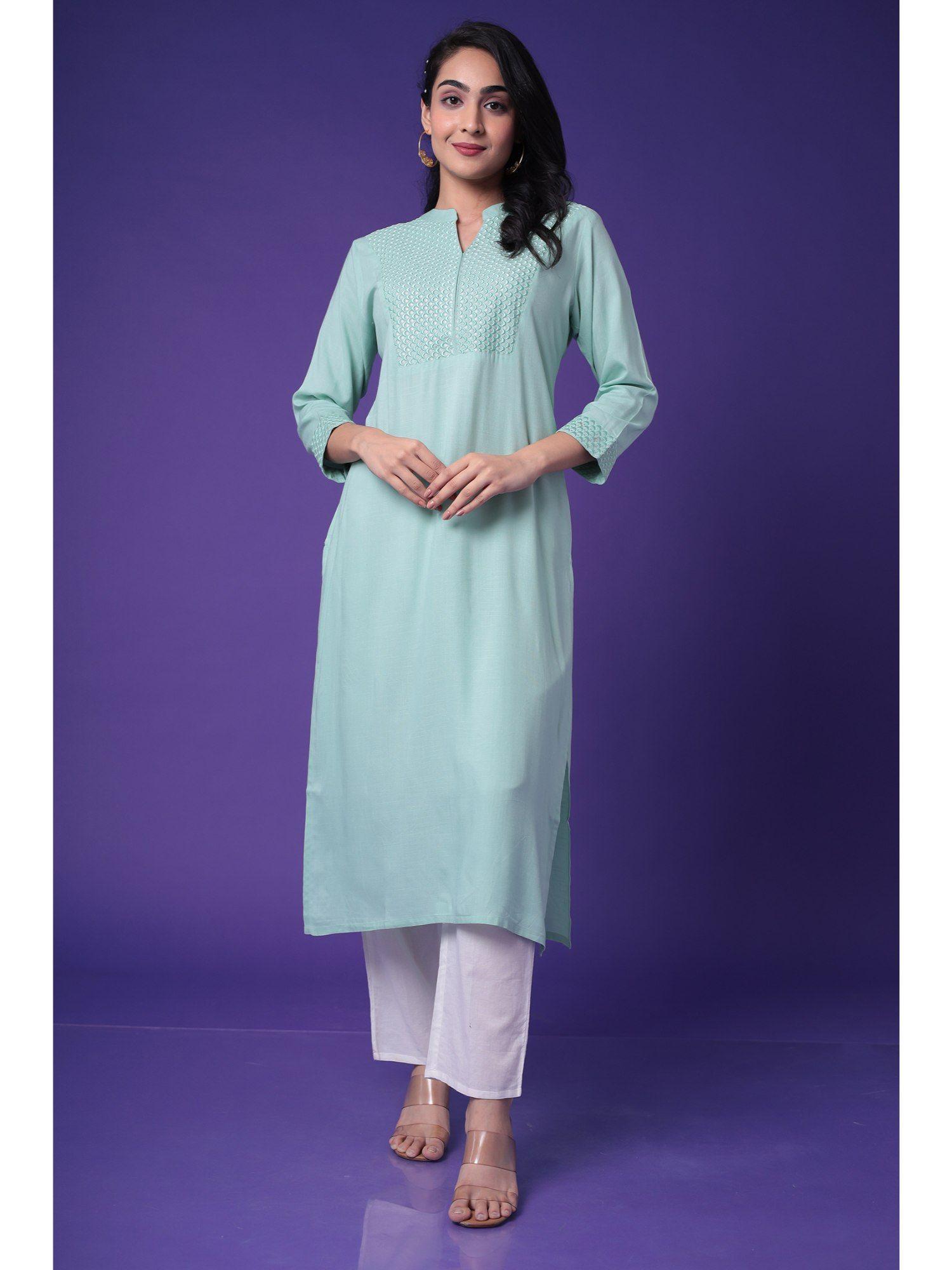 silk blend kurta with embroidery- green