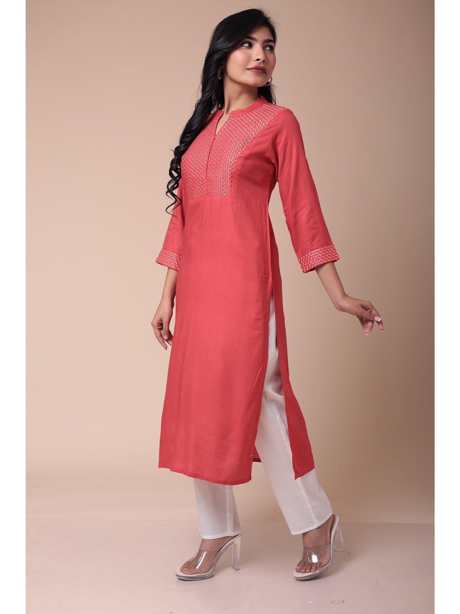 silk blend kurta with embroidery- red