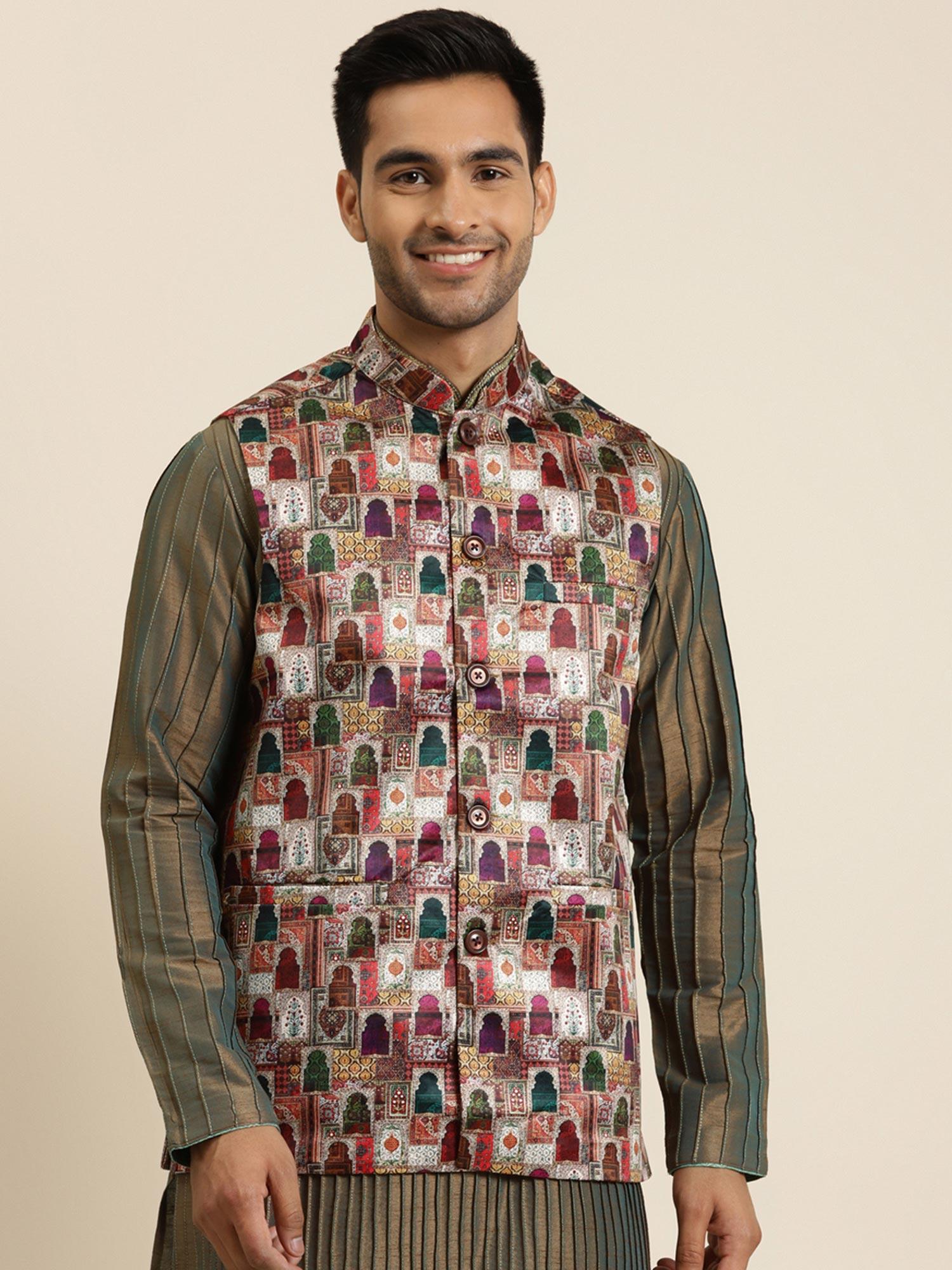 silk blend magenta printed only nehru jacket