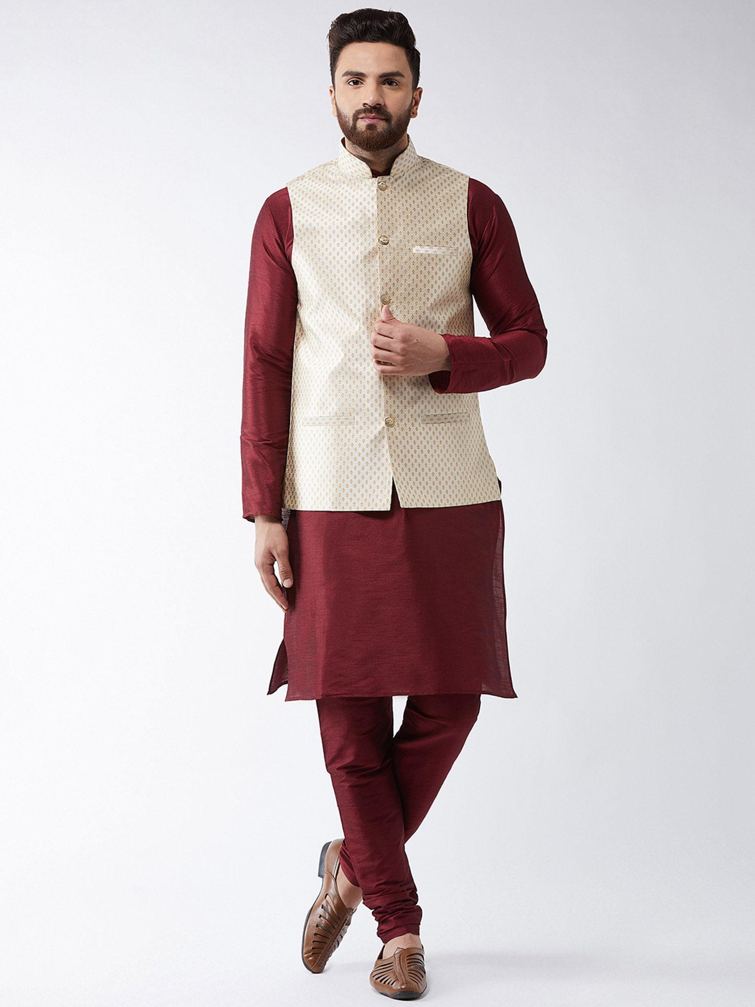 silk blend maroon kurta pyjama & beige nehru jacket (set of 3)