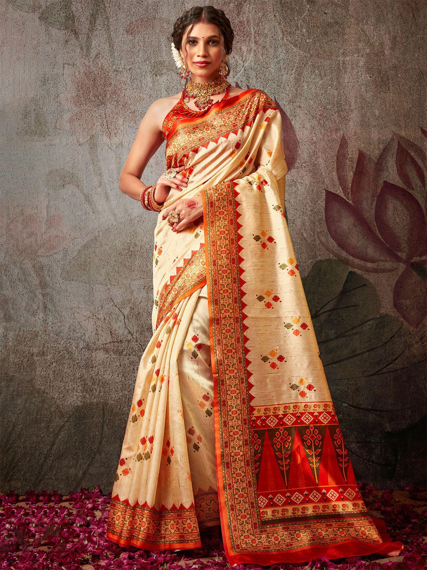 silk blend off white and red printed designer saree with unstitched blouse