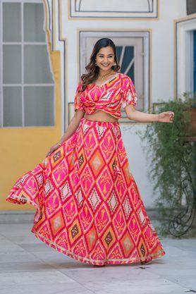 silk blend printed semi-stitched lehenga & unstitched blouse - pink