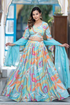 silk blend printed semi-stitched lehenga & unstitched blouse with dupatta - sky blue
