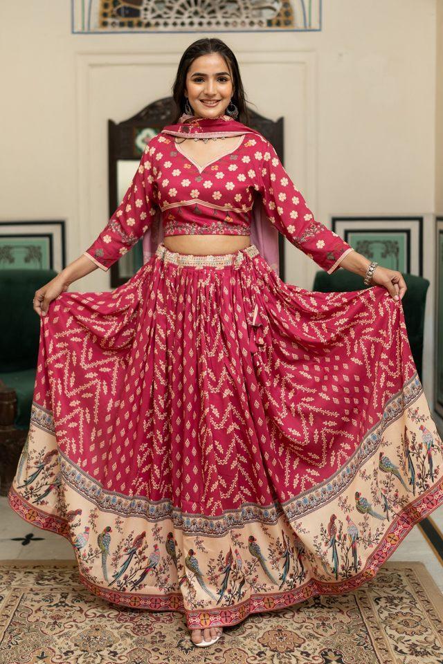 silk blend printed semi-stitched lehenga _ unstitched blouse with dupatta