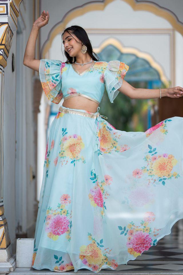 silk blend printed semi-stitched lehenga _ unstitched blouse