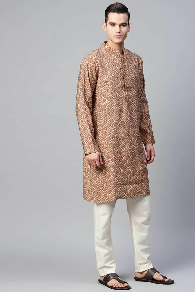 silk blend regular printed mens straight kurta with pants