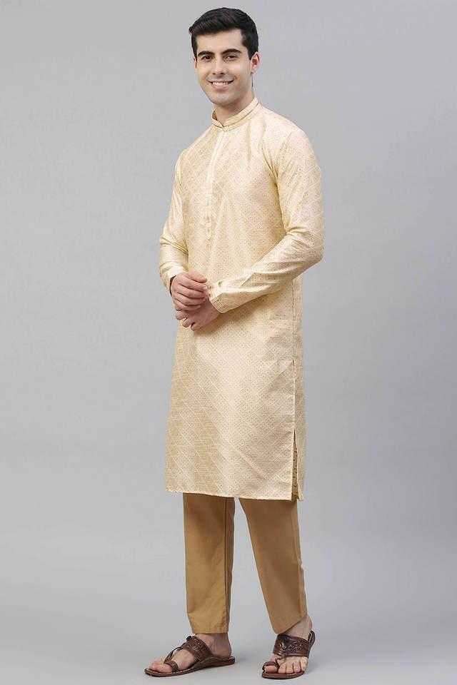 silk blend regular self designed mens straight kurta with pants