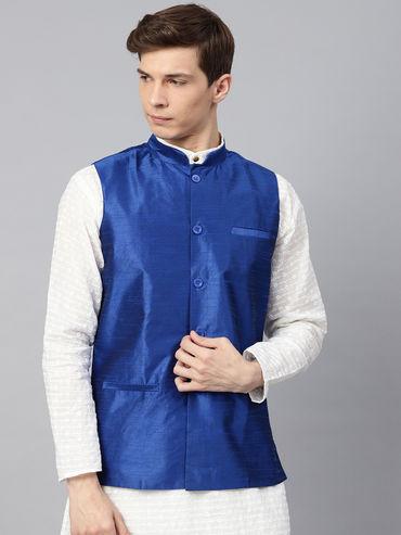 silk blend royal blue solid nehru jacket