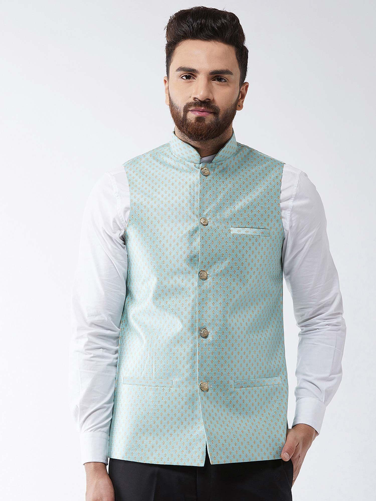 silk blend sea green & gold self design nehru jacket